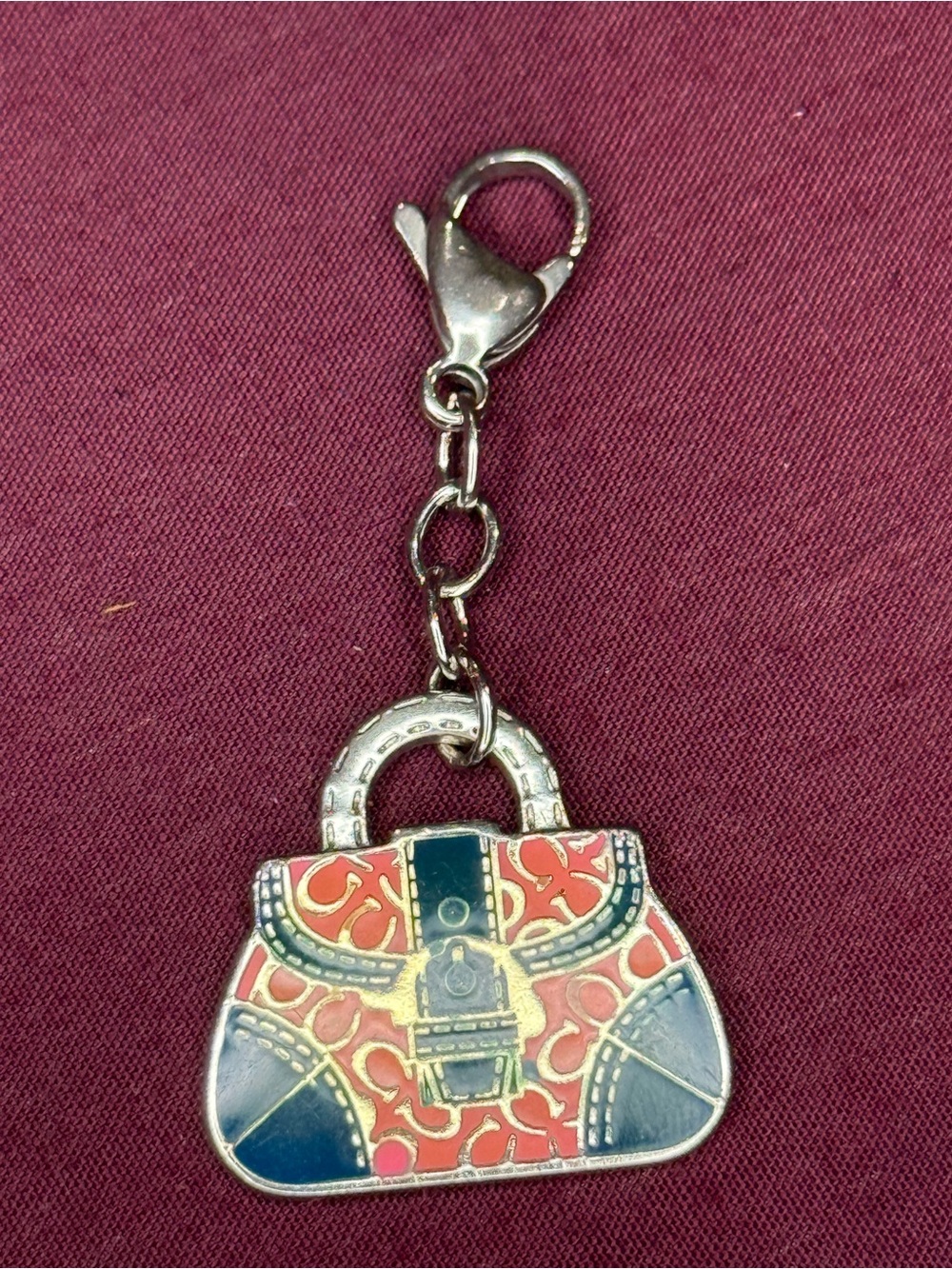 Coach Silver-Tone Coral and Navy Enamel Handbag Charm Keychain